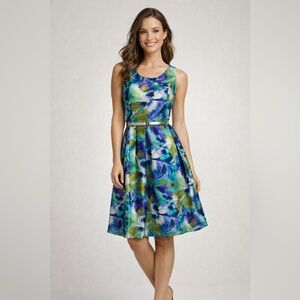Evan Picone Blue, Green & White Floral Midi Dress
